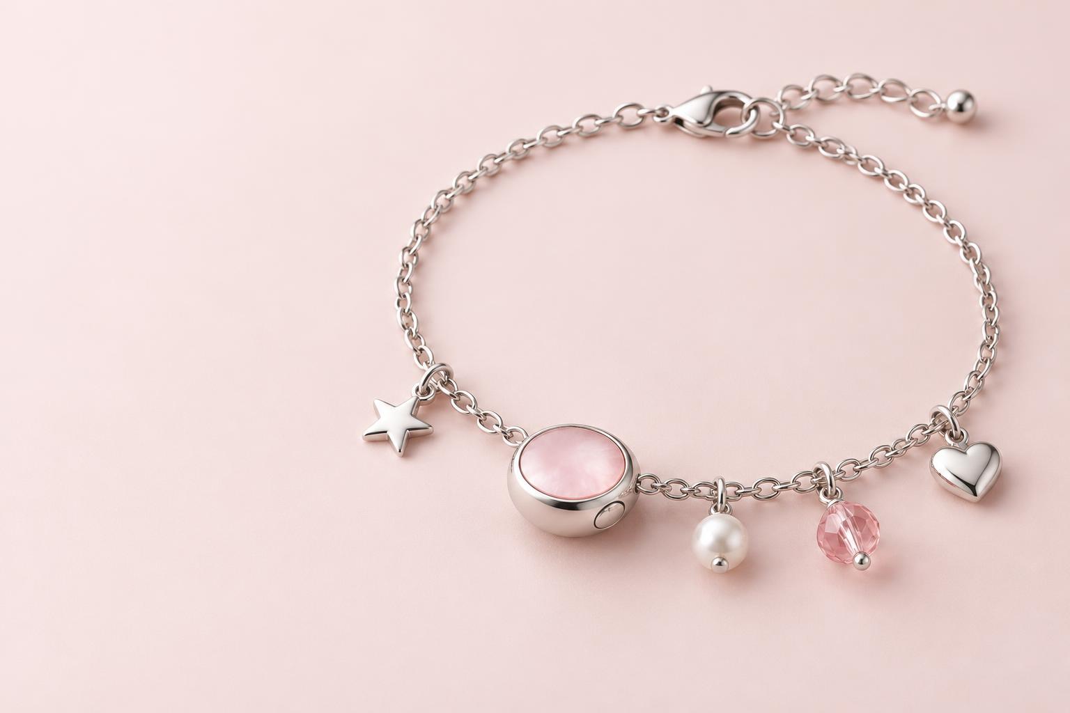 Bejeweled concept: silver chain bracelet with a pink-inset safety bead, discreet side button, pearl, star and heart charms